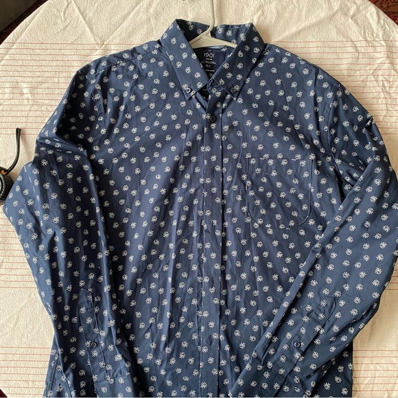 Navy Blue paisley Patterned Men's Button Up Shirt size L slim fit 100% cotton - Picture 6 of 10